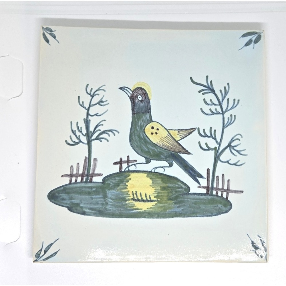 Vintage Geo Martel Tile w/‎ Green/Yellow Bird, Made in Desvres, France